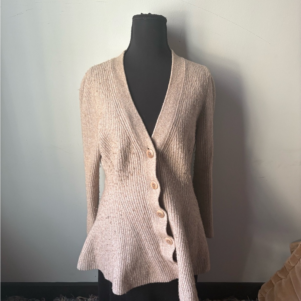 Maeve Beige Ribbed Button-Front Peplum Cardigan - Picture 7 of 7